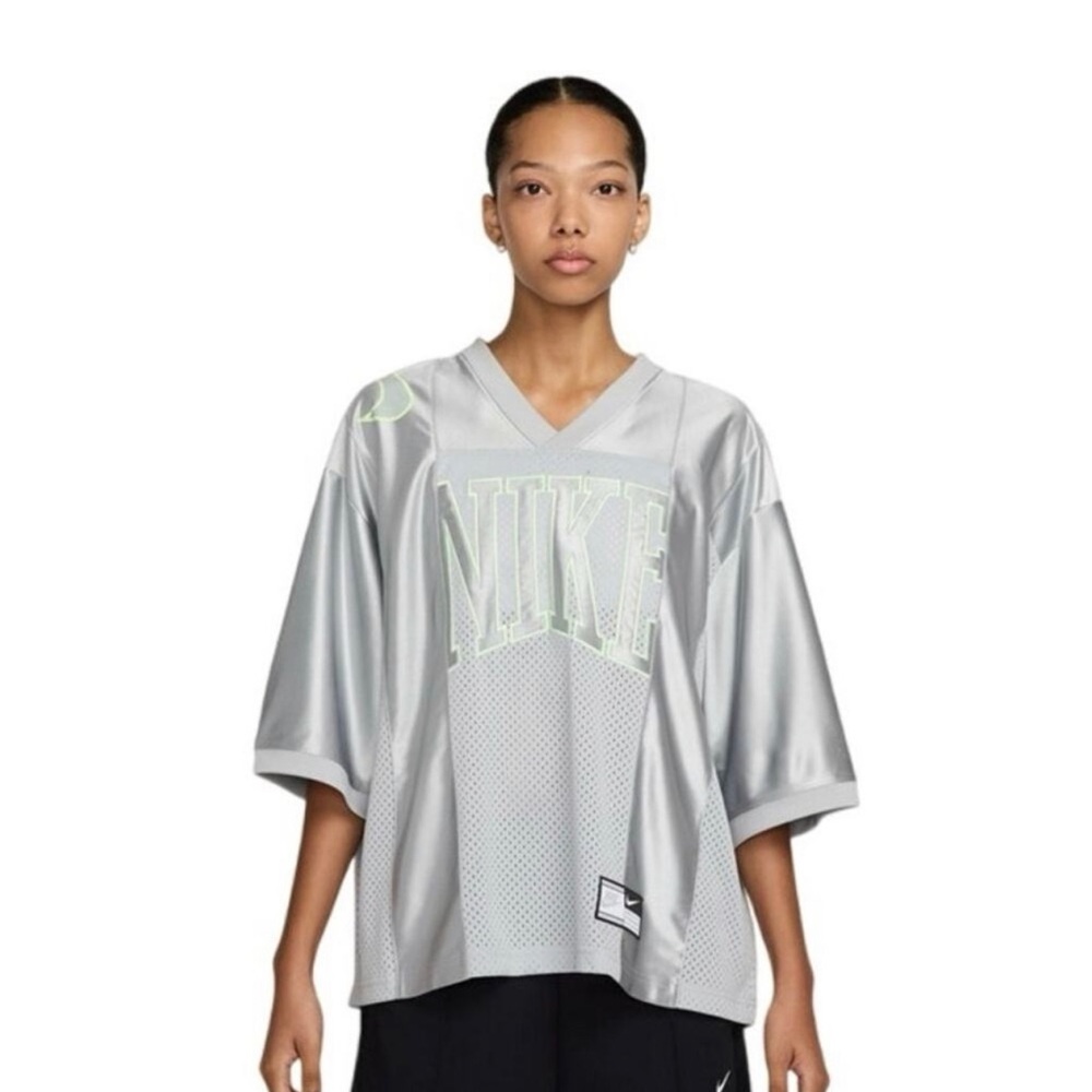 Nike Women's Silver Oversized Mesh V-Neck Jersey with Neon Trim